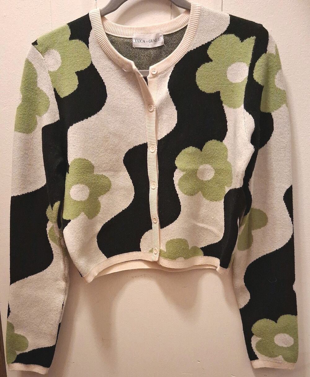 LUCA + GRAE green flower cropped Cardigan Button Down Women's Sz L Crew Neck